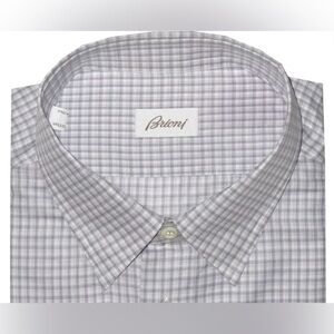 $750 43 17 V XL BRIONI SHIRT NEW DRESS WHITE LAVENDER GRID LUXURY CASUAL